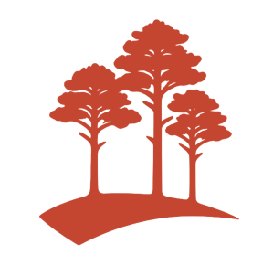 A logo depicting three pine trees stood on a triangular patch of ground. The image is all in one shade of red, and the pine trees are missing branches at the bottom, evoking the silhouette of a row of scots pine trees along a field edge. This use of scots pine is also known as a Breckland Pine line, iconic to the Norfolk Breckland area.